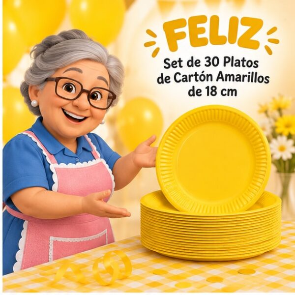 RI-0009277 Set de 30 Platos de Cartón Amarillos de 18 cm Feliz