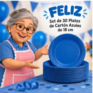 RI-0009278 Set de 30 Platos de Cartón Azules de 18 cm Feliz
