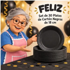 RI-0009279 Set de 30 Platos de Cartón Negros de 18 cm Feliz