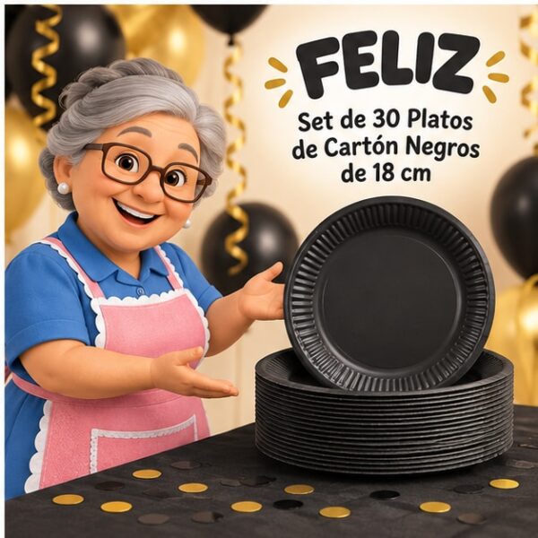 RI-0009279 Set de 30 Platos de Cartón Negros de 18 cm Feliz