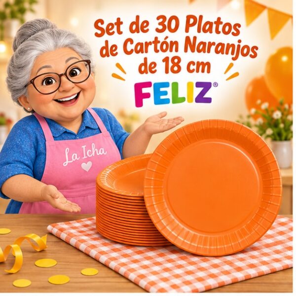 RI-0009280 Set de 30 Platos de Cartón Naranjos de 18 cm Feliz