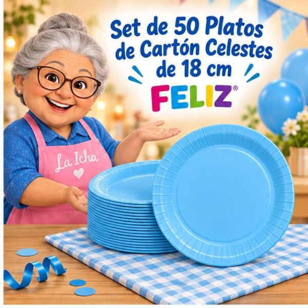 RI-0009281 Set de 50 Platos de Cartón Celestes de 18 cm Feliz