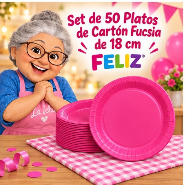 RI-0009282 Set de 50 Platos de Cartón Fucsia de 18 cm Feliz
