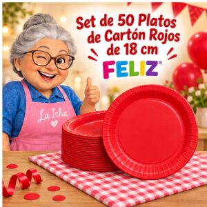 RI-0009283 Set de 50 Platos de Cartón Rojos de 18 cm Feliz