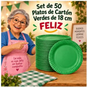 RI-0009284 Set de 50 Platos de Cartón Verdes de 18 cm Feliz