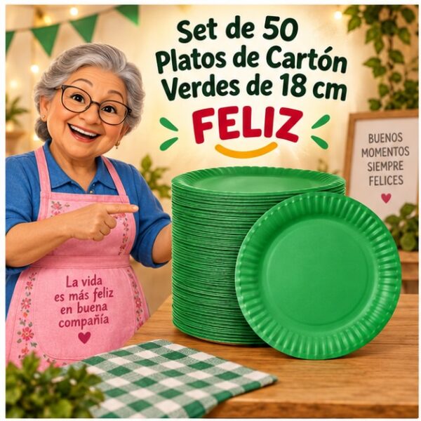 Set de 50 Platos de Cartón Verdes de 18 cm Feliz