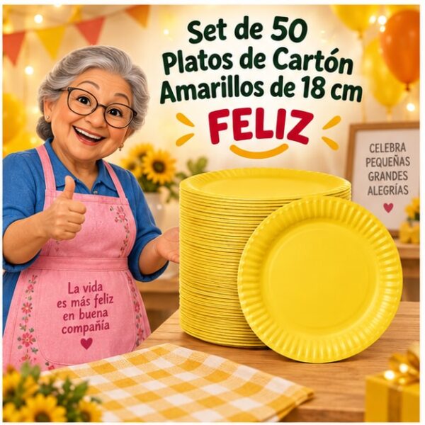 RI-0009285 Set de 50 Platos de Cartón Amarillos de 18 cm Feliz