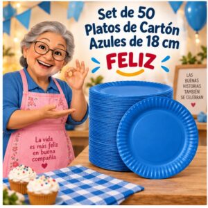 RI-0009286 Set de 50 Platos de Cartón Azules de 18 cm Feliz