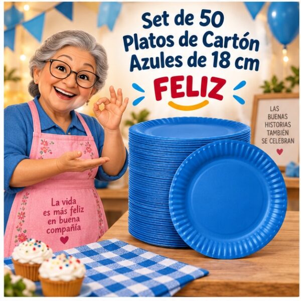 RI-0009286 Set de 50 Platos de Cartón Azules de 18 cm Feliz