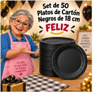 RI-0009287 Set de 50 Platos de Cartón Negros de 18 cm Feliz