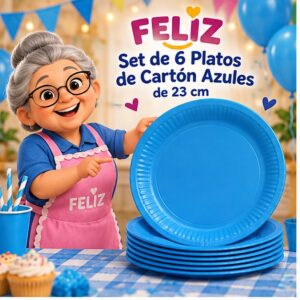 RI-0009288 Set de 6 Platos de Cartón Azules de 23 cm Feliz