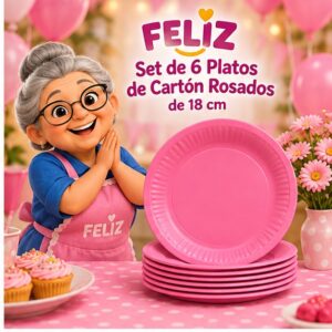 RI-0009289 Set de 6 Platos de Cartón Rosados de 18 cm Feliz