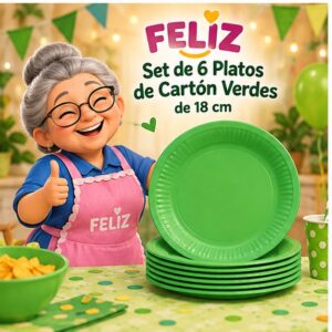 RI-0009290 Set de 6 Platos de Cartón Verdes de 18 cm Feliz