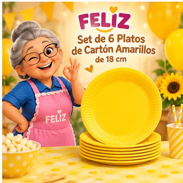 Set de 6 Platos de Cartón Amarillos de 18 cm Feliz