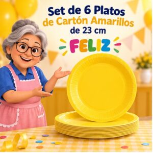 RI-0009292 Set de 6 Platos de Cartón Amarillos de 23 cm Feliz