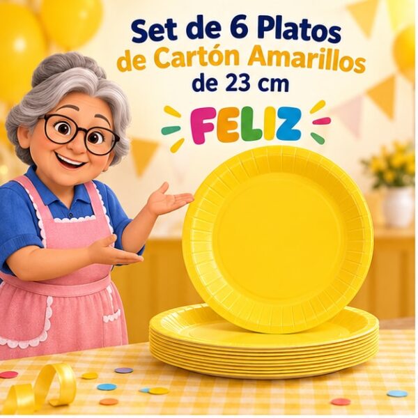 Set de 6 Platos de Cartón Amarillos de 23 cm Feliz