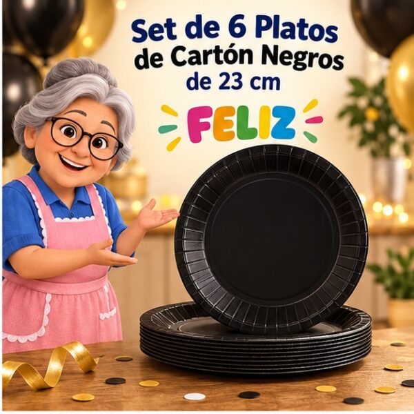 Set de 6 Platos de Cartón Negros de 23 cm Feliz