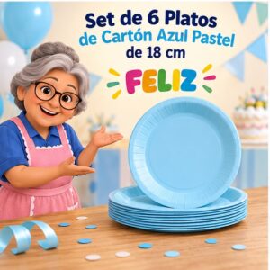 RI-0009294 Set de 6 Platos de Cartón Azul Pastel de 18 cm Feliz
