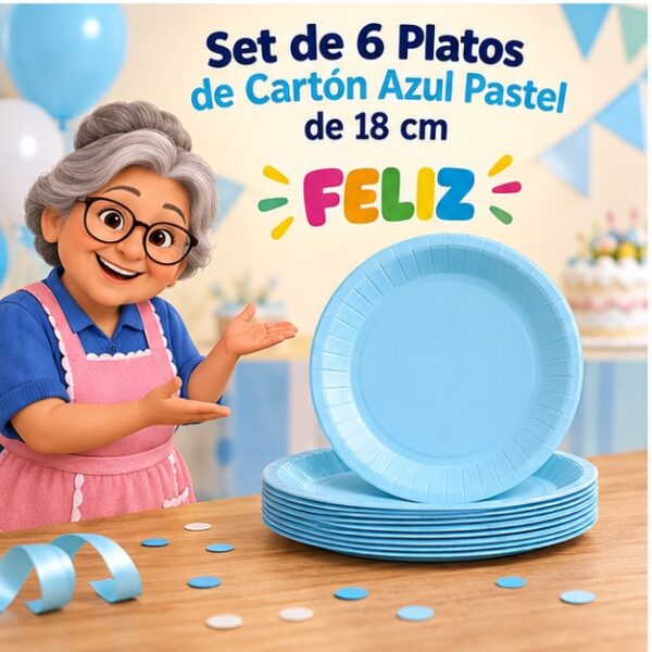 Set de 6 Platos de Cartón Azul Pastel de 18 cm Feliz
