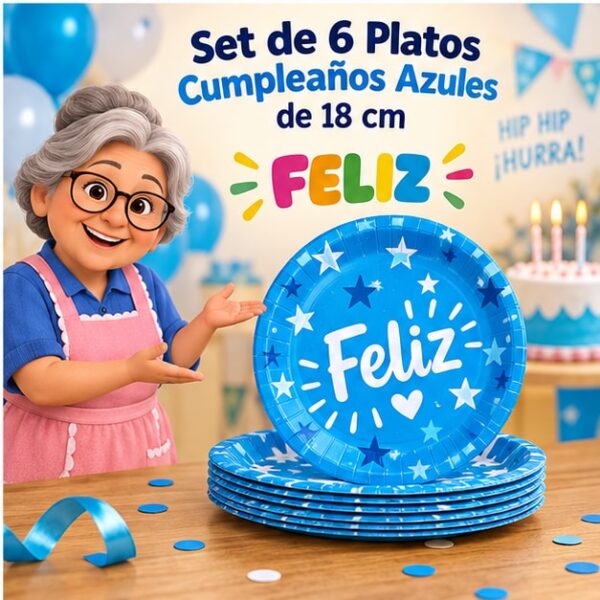 RI-0009295 Set de 6 Platos Cumpleaños Azules de 18 cm Feliz
