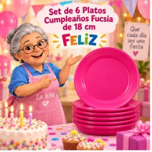 RI-0009296 Set de 6 Platos Cumpleaños Fucsia de 18 cm Feliz