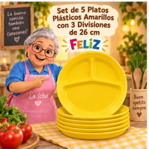 RI-0009298 Set de 5 Platos Plásticos Amarillos con 3 Divisiones de 26 cm Feliz