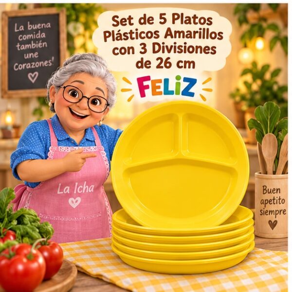 Set de 5 Platos Plásticos Amarillos con 3 Divisiones de 26 cm Feliz
