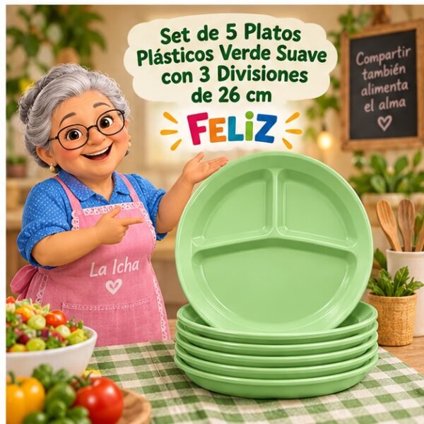 Set de 5 Platos Plásticos Verde Suave con 3 Divisiones de 26 cm Feliz