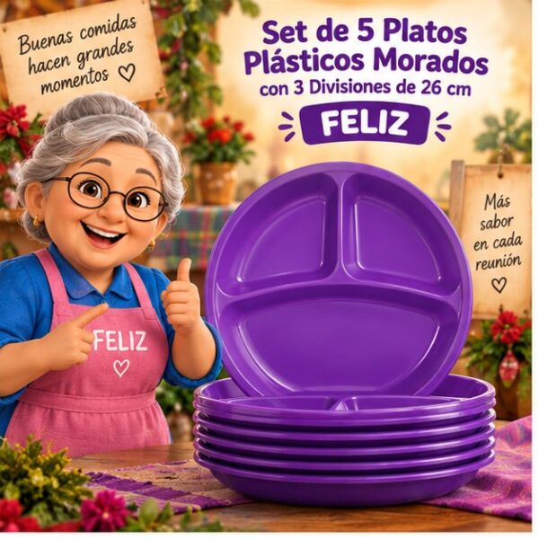 Set de 5 Platos Plásticos Morados con 3 Divisiones de 26 cm Feliz