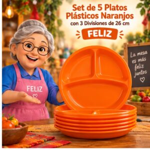 RI-0009301 Set de 5 Platos Plásticos Naranjos con 3 Divisiones de 26 cm Feliz