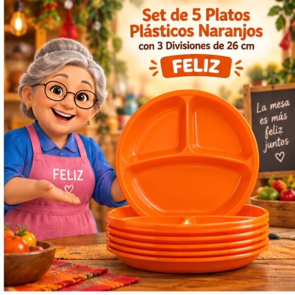Set de 5 Platos Plásticos Naranjos con 3 Divisiones de 26 cm Feliz