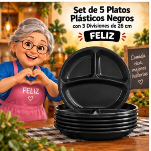 RI-0009302 Set de 5 Platos Plásticos Negros con 3 Divisiones de 26 cm Feliz