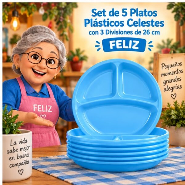 RI-0009303 Set de 5 Platos Plásticos Celestes con 3 Divisiones de 26 cm Feliz