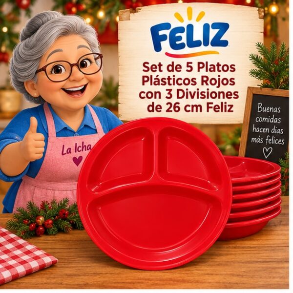 Set de 5 Platos Plásticos Rojos con 3 Divisiones de 26 cm Feliz