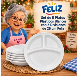 RI-0009305 Set de 5 Platos Plásticos Blancos con 3 Divisiones de 26 cm Feliz
