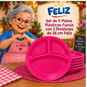 RI-0009306 Set de 5 Platos Plásticos Fucsia con 3 Divisiones de 26 cm Feliz