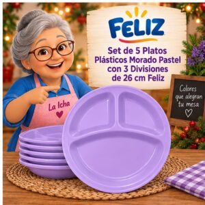 RI-0009307 Set de 5 Platos Plásticos Morado Pastel con 3 Divisiones de 26 cm Feliz