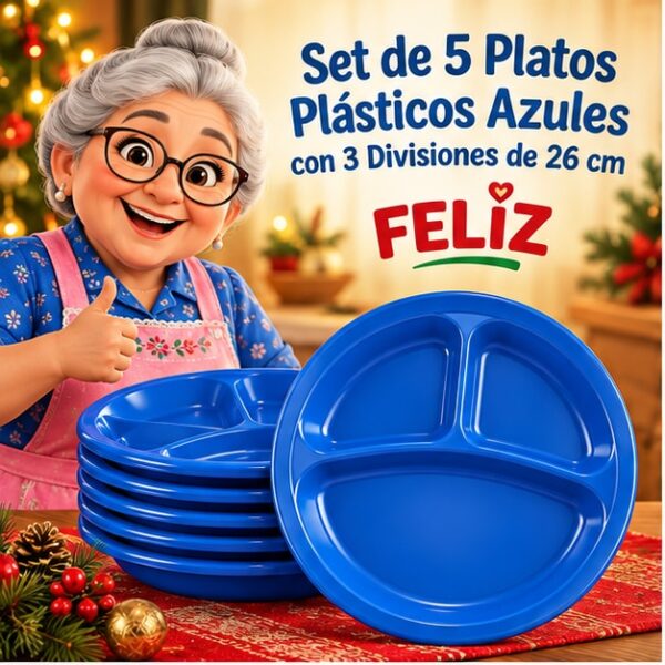 RI-0009308 Set de 5 Platos Plásticos Azules con 3 Divisiones de 26 cm Feliz