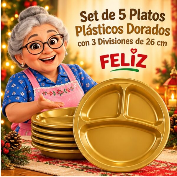 Set de 5 Platos Plásticos Dorados con 3 Divisiones de 26 cm Feliz