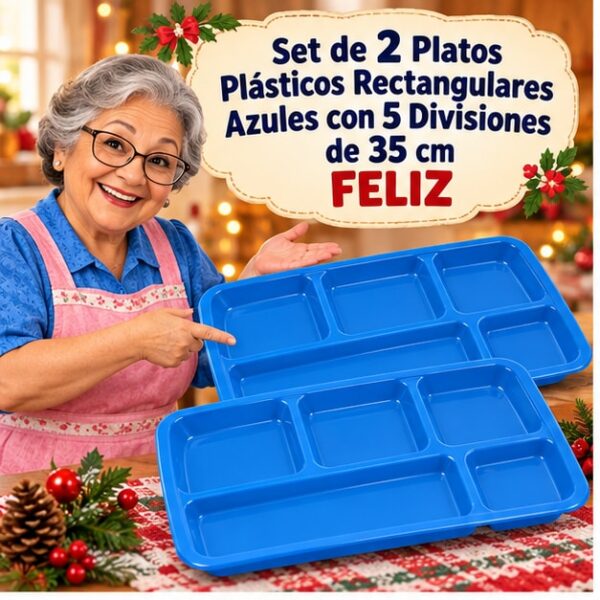 Set de 2 Platos Plásticos Rectangulares Azules con 5 Divisiones de 35 cm Feliz