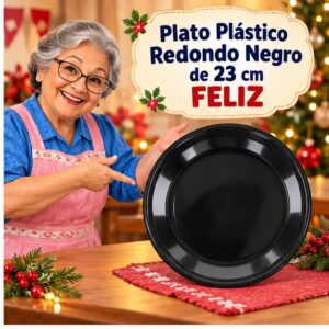 RI-0009311 Plato Plástico Redondo Negro de 23 cm Feliz