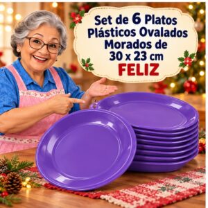 RI-0009312 Set de 6 Platos Plásticos Ovalados Morados de 30 x 23 cm Feliz