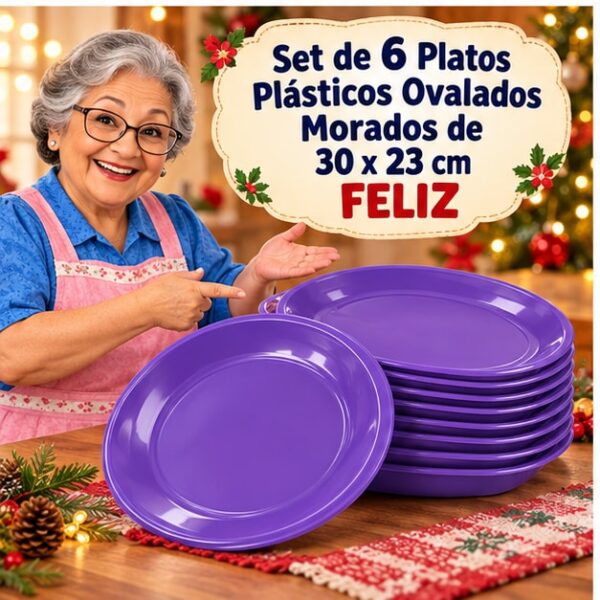 Set de 6 Platos Plásticos Ovalados Morados de 30 x 23 cm Feliz