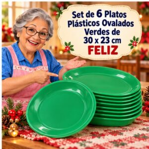 RI-0009313 Set de 6 Platos Plásticos Ovalados Verdes de 30 x 23 cm Feliz