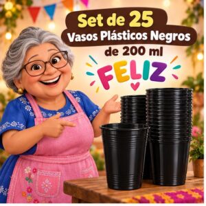 RI-0009314 Set de 25 Vasos Plásticos Negros de 200 ml Feliz