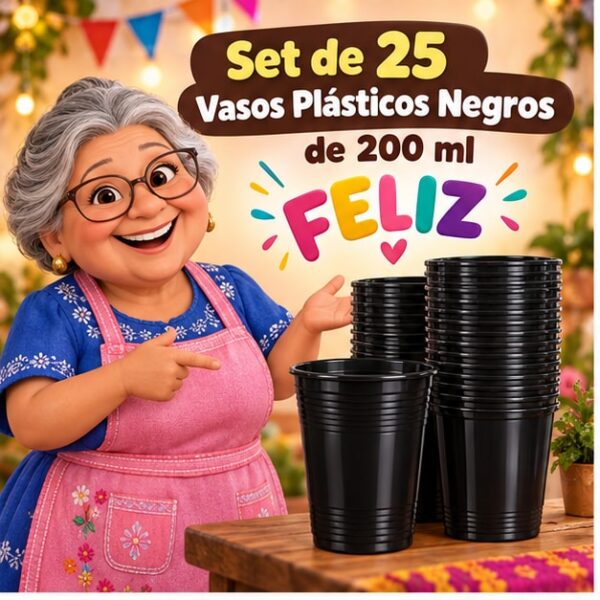 RI-0009314 Set de 25 Vasos Plásticos Negros de 200 ml Feliz