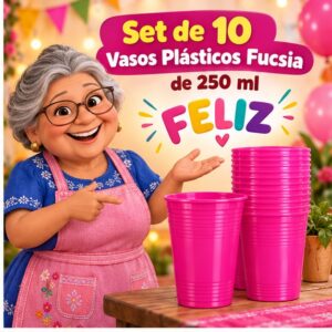 RI-0009315 Set de 10 Vasos Plásticos Fucsia de 250 ml Feliz