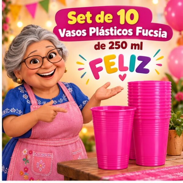 RI-0009315 Set de 10 Vasos Plásticos Fucsia de 250 ml Feliz
