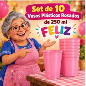 RI-0009316 Set de 10 Vasos Plásticos Rosados de 250 ml Feliz