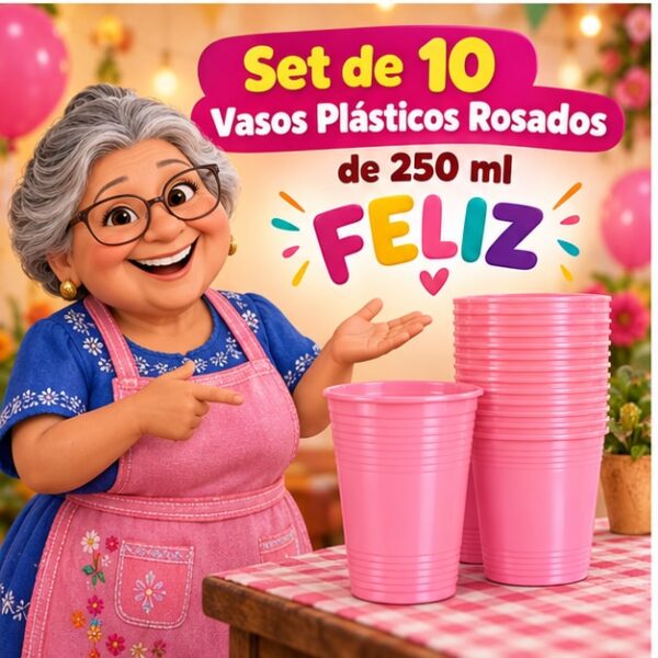 RI-0009316 Set de 10 Vasos Plásticos Rosados de 250 ml Feliz